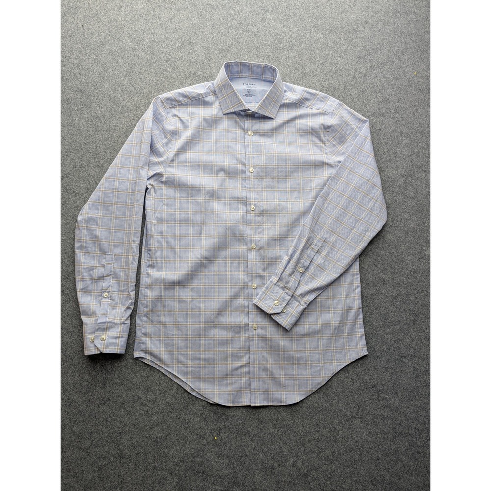Stafford 365 Dress Shirt Mens Medium Blue Plaid Fitted All-Temp Comfort Long Slv